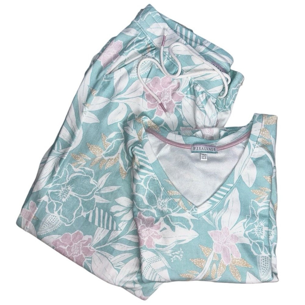 PJ Salvage Womens 1X PJs 2 Piece Set Seafoam Green Pink Floral